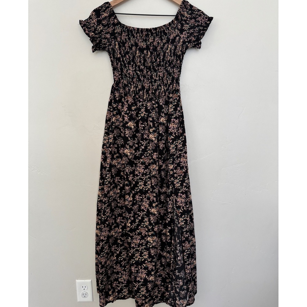Black Floral Smocked Maxi Dress Size M Off-the-Shoulder Whimsigoth Dark Fairy